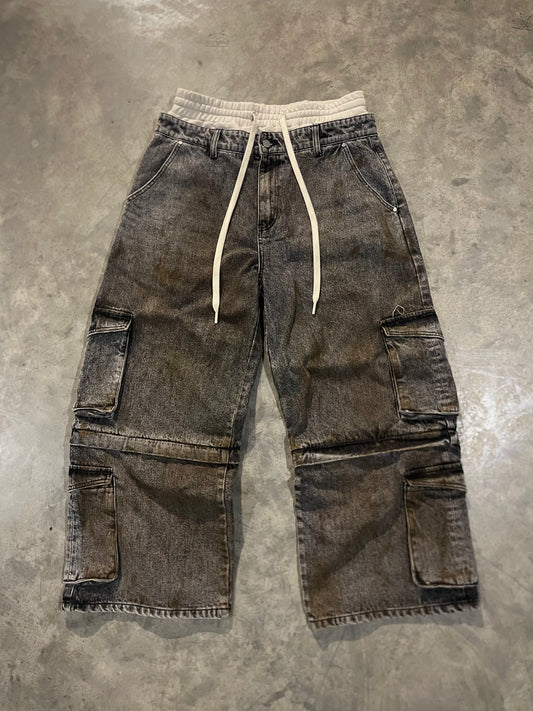 Mud-Wash Double Waisted Cargo Jeans